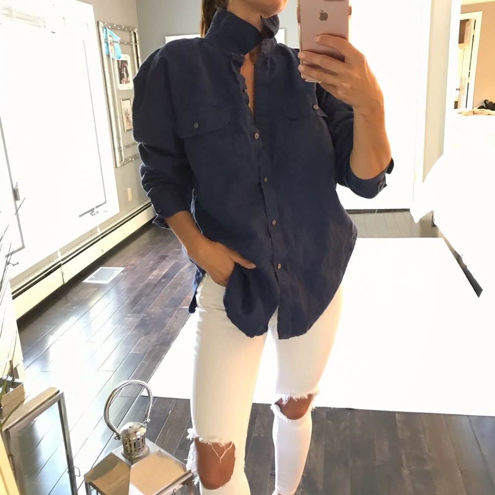 Ralph Lauren navy blue linen button down shirt L